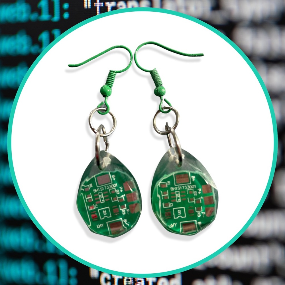 Green Circuit Board Dangling Earrings